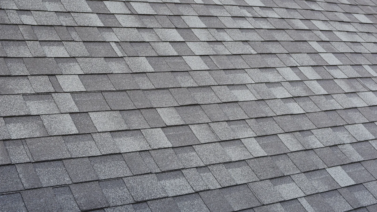 Wide slope of gray architectural asphalt shingles viewed at an angle
