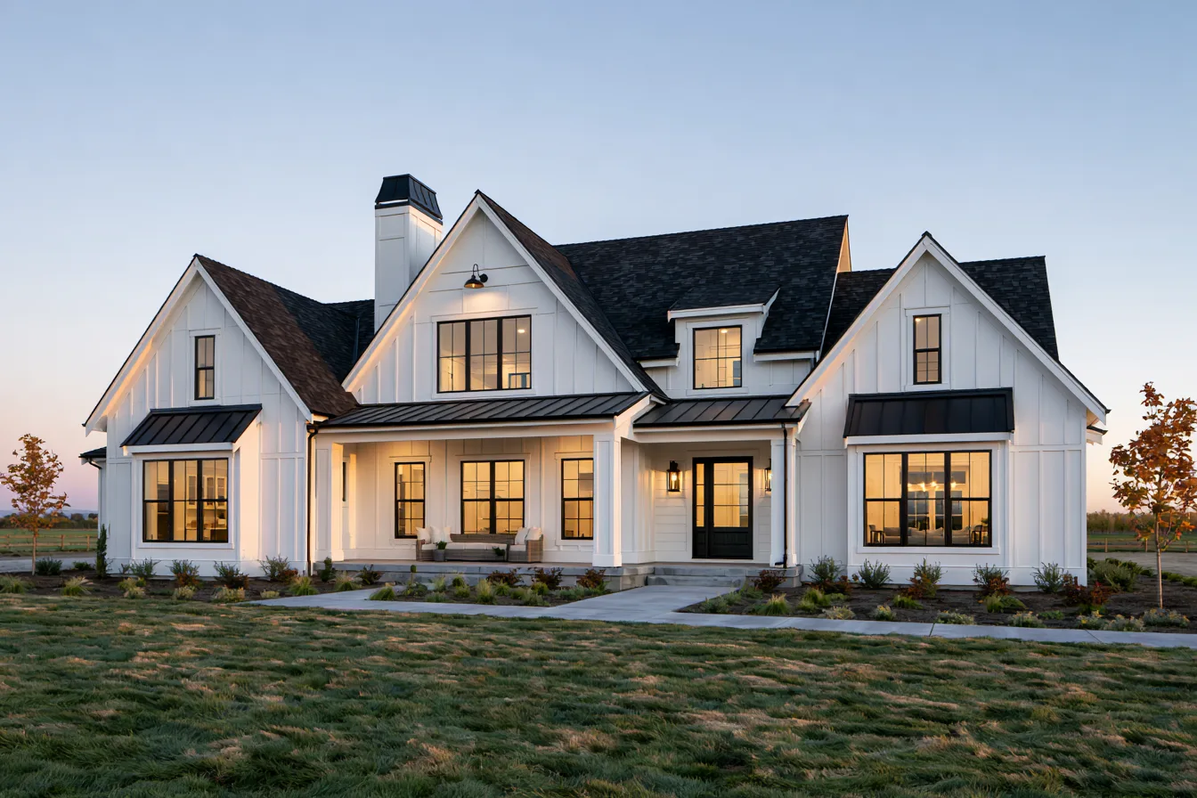A white modern farmhouse with black windows and a dark gray shingle roof at dusk